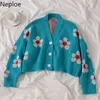 Neploe Preppy Style Flower Knit Cardigans Pullover Frauen V-Ausschnitt Lose Elegaht Thicked Pull Femme Print Short Casual Coat 46565 T200319