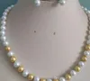 Biżuteria 8 MM biały/złoty naszyjnik z pereł z muszli z Morza Południowego kolczyki