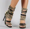 Новая мода Женщины Open Toe Gold Brivet Stiletto Gladiator Brap Grap Grafles High Heel Sandals Fare Thane