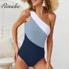 One Shoulde One Piece Swimsuit Women Bathing Suit Hollow Out Swimwear Stripe Bikini 2019 Bodysuits Patchwork Monokini Biquini