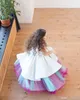 Mignon arc-en-ciel haut bas robes de fille de fleur bijou cou paillettes perles fleurs faites à la main filles tulle robe de reconstitution historique robes de fête d'anniversaire