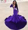 Stylish Purple Velvet Mermaid Prom Dresses Sheer Deep V Neck Beaded Long Sleeves Evening Gowns Plus Size Sweep Train Appliqued Formal Dress