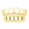 Denti Hip Hop Grillz Hollow Top Bottom Fangs Bottom Grillz Set Vampire Grills Set Gold Bling Hollow Bloodsucker Tooth Caps251c