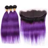 Ombre Roxo Em Linha Reta Peruano Feixes de cabelo com Frontal # 1B / Roxo Ombre Preto Raízes Cabelo Humano Tece 3 Pacotes com Rendas Frontal 13x4