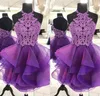 Ny ankomst A Line Purple Homecoming Dresses Halter Mini Short Organza Crystal Backless Bling Short Prom Klänningar Junior Party Cocktailkakor