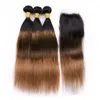 # 1B / 4 / 30 4x4 레이스 클로저가 적용된 Dark Auburn Ombre 말레이시아 산 헤어 3 번 Black Brown Auburn 직선 인체 모발 Wefts with Closure