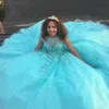 Abiti da 15 anos Abiti Quinceanera 2023 Abiti da ballo in rilievo con applicazioni blu acqua Abiti da 16 dolci Abiti da ballo in tulle con scollo a barchetta Abiti da sposa