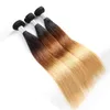 Brasilianska Virgin Hair 1B 4 27 Ombre Human Hair Straight 3 Bundlar med 4x4 Spets Avslutning med Baby Hair Rak 1B / 4/27 Tre toner Färg