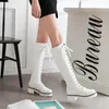 High Quality Designer Women Knee High Boots Fashion Round Toe 5 CM Heels Winter Pump Shoes Two Colors Lace up Lady Motorcycle Boot