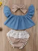 INS Baby Girls Casual Outfits Cute Toddler Clothing Set Denim Tops +Lace Tassel Shorts + Bow Headband 3pcs Suits Y1936