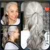 Silver Grey Human Hair Pony Tail Hairpiece Wrap Around Wet Vågig Vit Grå Salt Och Peppar Grå Hår Ponytail