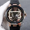 New Executive Automatique Tourbillon Montre Homme Deux Tons Or Rose Lunette Noire Cadran Squelette Or Marqueurs Romains Cuir Noir Puretime F03a1