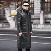 Long Leather Jackets Mens Winter Sheepskin Down Coats Hooded Windbreaker Duck Down Parkas Fox Fur Collar Thick Warm Snow Wear Overcoat