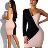 Berühmte Brandnewest Hot Womens Bandage Bodycon Langarm Patchwork Ein Schulterabendparty Club Kurzes elegantes Mini -Kleid