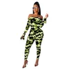 Two Piece Dress Money Dollar Print Sexy Set Off Shoulder Long Flare Sleeve Bodysuit Top + Pencil Pants Women Night Club Mesh Outfits