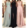 New Elegant Halter Chiffon Long Bridesmaid Dresses Lace Applique Split Wedding Guest Dress Maid Of Honor Dresses 208K