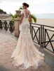 2020 Sexy 3D Floral Lace Champagne Wedding Dresses Mermaid Appliqued Sheer V Neck Bridal Gown Cap Sleeves Bow Tulle Button Back Ve9414448