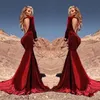 Seksowne Burgundia Mermaid Prom Dresses Velvet Open Back Długie Rękawy Formalne Party Prom Suknie Specjalne okazje Suknie wieczorowe Custom Vestios