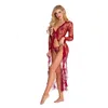 Lencería para mujer Sexy Long Lace Kimono Robe Pestañas Babydoll Sheer Cover Up Dress con cinturón de satén