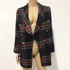 Vintage Dubbelbröstrockar Frayed Checked Tweed Blazers Coat Kvinnor Fickor Blazer Plaid Ladies OuterWear Casual Casaco Femme
