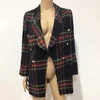 Vintage Double Breasted Coats Frayed Checked Tweed Blazers Coat Women Pockets Blazer Plaid Ladies Outerwear Casual Casaco Femme