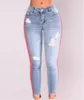 Fashion- Street Jeans Women Basic Classic High Waist Skinny Pencil Denim Pants Striped Ripped Hole Elastic Stretch Jean Women Plus Size