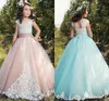 Blush Rosa Blue Blue Flower Girl Abiti gioiello Illusione Appliqued Tulle Girl Pageant Dress per la festa di nozze