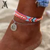 Ay vintage múltiplas camadas om símbolo onda de onda para mulheres bohemian cor prata anklet pulseira na perna jóias de verão