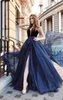 2019 NEW AFRICAN NAVY BLUE PROM DRESSES SEXY VELVET TOPS Organza Front Split Tulle Beaded Evening Dress Party Gowns Women Pageant Dresses