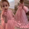 Fashion Pink High Low Flower Girl Dresses For Wedding 3D Appliced ​​Toddler Pageant -klänningar Sop Train Tulle Kids Prom Dress 415
