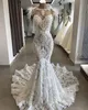 Lyx fjäder sjöjungfru bröllopsklänningar 2020 Full Lace Beaded Pearls Sheer Neck Backless Beach Bohemian Bride Dress Vestidos de n