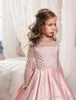 New Pink Long Sleeves Flower Girls Dresses For Wedding With Bow Knot Delicate Beaded Sequins Ball Gown Floor Length Girls Formal Wears