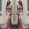 Rose Gold Mermaid Bruidsmeisje Jurken voor Bruiloft Eenvoudige lovertjes Sexy Halter Maid of Honor Towns Custom Made Goedkope Lange Bruidsmeisjesjurk