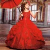 Princess Sparkly Girls Pageant Dresses for Kids Red Ball Gown Lace Beads Lace Embroidery Kids Birthday Party Gowns