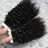 kinky lockig tejp i mänskliga hårförlängningar 100g obearbetade brasilianska lockiga jungfru hår hud väftband hårförlängningar