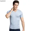 100% vraie soie homme t-shirts à manches courtes col en V homme sauvage noir blanc couleur unie mâle bas t-shirt pull dessus de chemise