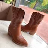 Hot Koop- Lente Herfst Womens Zwart Wit Licht Tan Echte Lederen Puntige Teen Booties Klassieke Dikke Lage Hakken Cowboy Western Pull On Laarzen