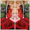 2019 Red Halter Lace Mermaid Long Prom Dresses Sequins Applique Fur Sweep Train Formal Party Evening Dresses Vestidos De Novia Hot Sale