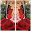 2019 Red Halter Lace Mermaid Long Prom Dresses Sequins Applique Fur Sweep Train Formell Party Evening Dresses Vestidos de Novia Hot Sale