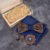 Wooden Bow Tie Handkerchief Set Men's Plaid Bowtie Wood Hollow carved cut out Floral design And Box Fashion Novelty ties