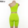 Sommer-Damen-Zweiteiler, neonfarben, schulterfrei, ausgehöhltes Crop-Top, elastisches Shorts-Outfit mit hoher Taille, Trainingsanzug 17979444