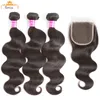 Tramas de cabello humano virgen recto indio con paquetes de ondas corporales de cierre con extensiones de cabello frontal sin procesar Proveedor de precios al por mayor