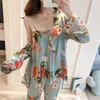 Daeyard 3 pezzi pigiama di seta set stampa pigiama pigiama casa vestito donna sexy lingerie pigiama sposa abito in raso kimono abito floreale T200612