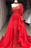 2019 Arabic Red High Neck Lace Mermaid Evening Dresses One Shoulder Ruffles Beaded Floor Length Formal Party Cocktail Prom Dresses BC0693