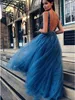 Shinny Blue Beaded Prom Evening Sukienka 2019 V Szyjka Formalna suknia balowa suknia Aline Sukienki