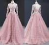 Blush Lace High Neck Evening Gowns Formal Prom Dress Ruffle Skirt Illusion Long Sleeve Embroidery Beaded Princess Prom Sweet 16 Dress Cheap