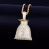 Dólar estadounidense bolsa de dinero colgante con cadena de tenis de oro y plata color circonio cúbico hombres hip hop collar joyería para regalo