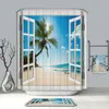 Cortinas de banho quente de verão Janela falsa Cenário de praia Padrão 3D Cortinas de chuveiro Poliéster Lavável Produtos de banheiro + 12 Gancho C18112201