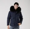 Venda quente Meifeng marca preto forro de pele de coelho azul marinho longo mini parkas com guarnição da pele de guaxinim preto oversize homens jaquetas de neve