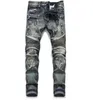 Mens Classic Biker Jeans Manlig Slim Straight Knee Drape Panel Moto Biker Jeans Destroyed Ripped Stretch Hip Hop Byxor